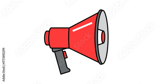 A simple illustration of a red handheld megaphone, outlined in black, against a white background. It appears ready to amplify sound