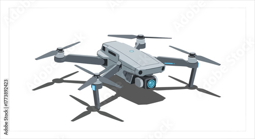 A gray drone with propellers and a camera on a white background, casting a shadow