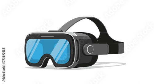 Sleek VR headset, black & grey, blue lenses. Head strap & eye interface. Isolated on white with a shadow. Vector illustration