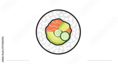 A top-down view of a sushi roll with rice, salmon, avocado, and cucumber slices arranged inside