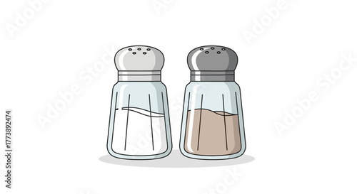 Two glass shakers sit side-by-side; one contains white granules, the other brown, both with metal tops