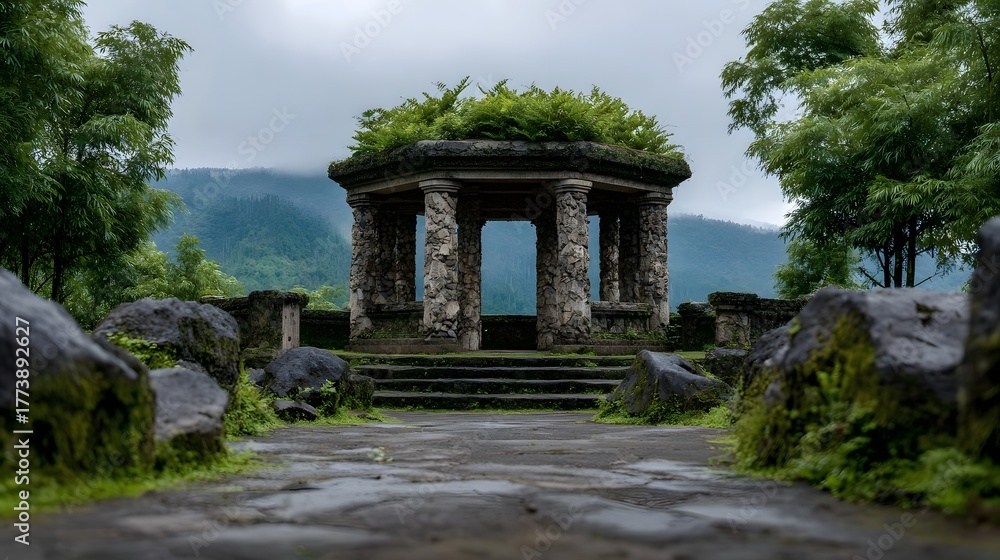 Obraz premium A serene ancient stone pavilion with overgrown vegetation sits amidst a misty mountainous landscape