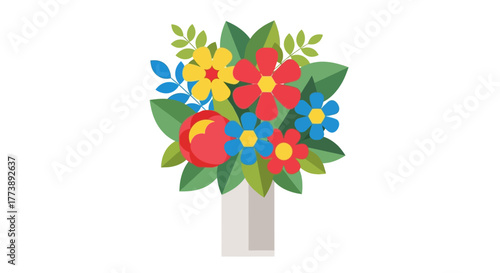 A vibrant, geometric bouquet of colorful flowers and leaves in a white vase against a plain white background