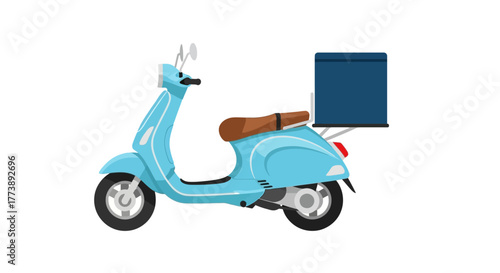 A light blue scooter with a brown seat and a dark blue delivery box on the back, isolated on white