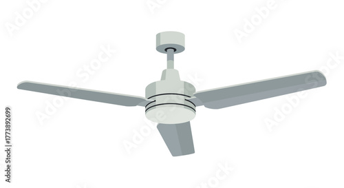 Overhead, three-bladed, light gray cooling device; hangs from the ceiling, centered. Its blades slant slightly downwards