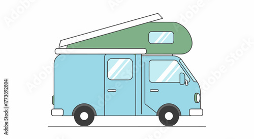 A flat-colored, stylized illustration of a blue camper van with a green pop-up roof, parked on a simple grey line