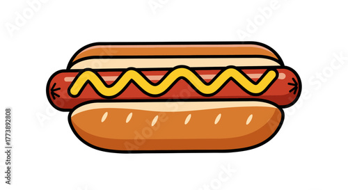 A simplified cartoon depiction of a hot dog on a bun with mustard. The bun is lightly toasted