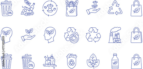 Doodle icon collection illustrating concepts of recycling, environmental protection, and sustainable living