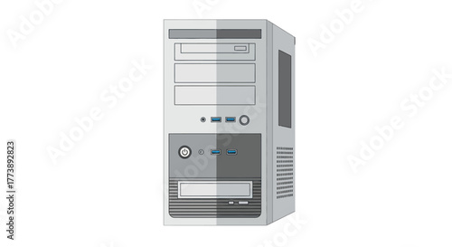 A flat illustration of a desktop computer tower, front view, with a gradient effect on its panels