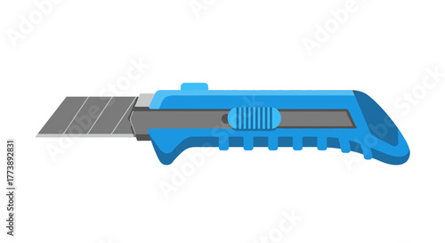 A side view vector illustration shows a blue and gray utility knife with an extended gray blade. The handle is contoured
