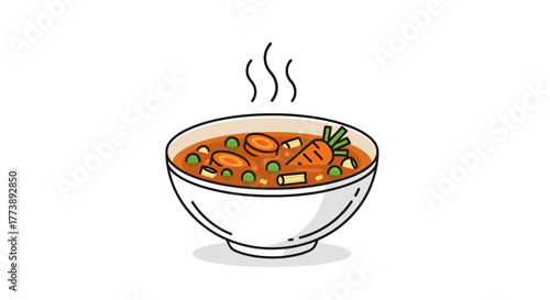 A steaming bowl of vegetable soup, depicted with a flat design, rising vapors, and ingredients visible