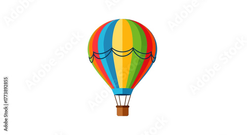 A colorful, cartoonish hot air balloon, striped in many hues, floats serenely against a stark white backdrop