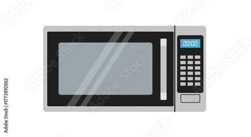 A rectangular, gray and black appliance with a clear glass door and keypad on the right. Displays a digital clock