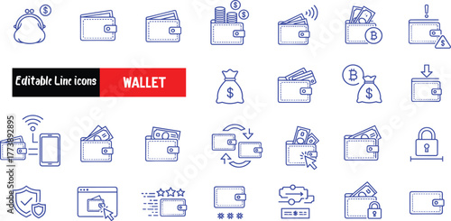 A versatile collection of thin line icons depicting financial concepts like digital wallets, mobile payments, secure transactions, and currency exchange