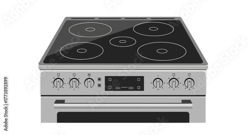 A front-facing illustration of a modern, silver electric range. It has a glass cooktop with five burners and an oven with a handle