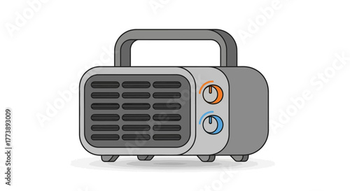 A stylized illustration of a gray portable electric heater with a carrying handle, control dials, and a vent