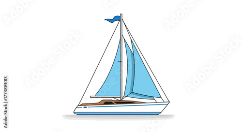 Vector illustration of a sailboat with blue sails and a small flag on a white background. It's simplistic and clean