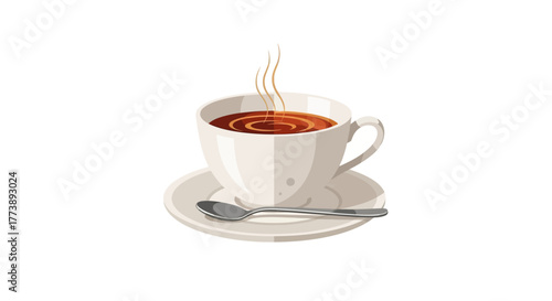 A cartoonish depiction of a white teacup and saucer filled with hot, dark liquid, with steam rising. A spoon rests beside it