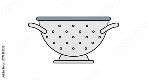 A digitally rendered, semi-circular kitchen utensil with multiple small holes, handles, and a base. Commonly used for draining