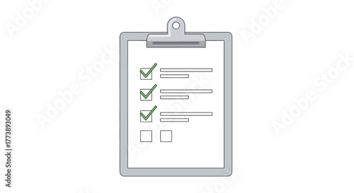 A vector illustration depicts a gray clipboard holding a checklist with green checkmarks. Blank boxes remain