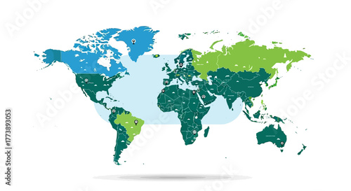Flat world map with continents in various shades of green and blue, showing countries with pin-point locations