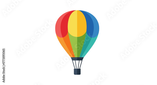 A colorful hot air balloon illustration, featuring vibrant rainbow segments in a simple flat design on a white background