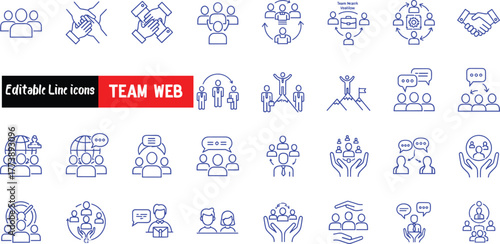 A comprehensive set of editable thin line icons illustrating concepts of teamwork, business collaboration, communication, and corporate partnership