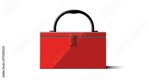 A vibrant red, rectangular box with a black arched handle, metal clasp, and slight shadow. White background