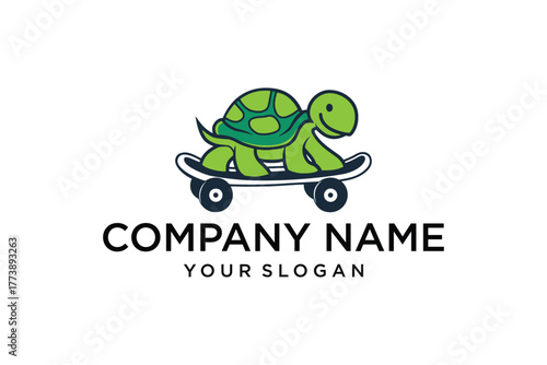 Cute Cartoon Green Turtle Riding Skateboard Logo Template
