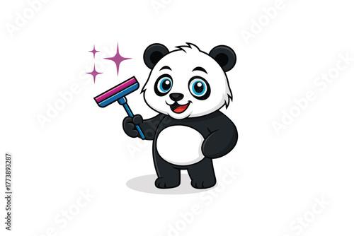 Happy Panda Mascot Holding Squeegee for Cleaning Service