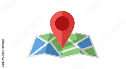 Folded map with geometric streets in blue/green and a large red marker icon pointing to a specific location