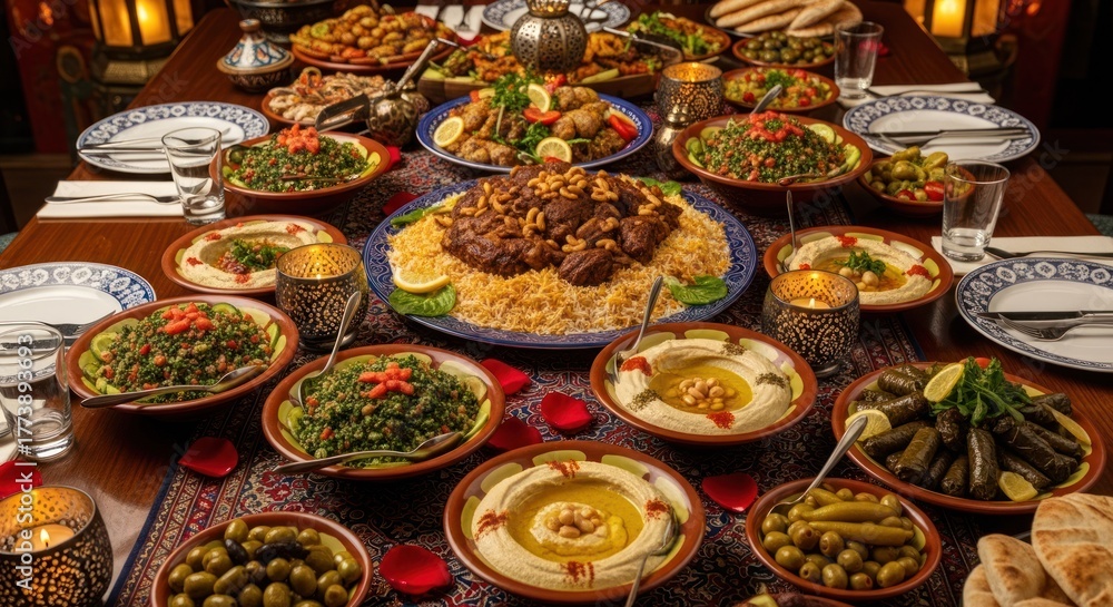 Fototapeta premium A table set with a variety of Middle Eastern dishes, including rice, vegetables, and meat, arranged on a tablecloth with a decorative table runner.