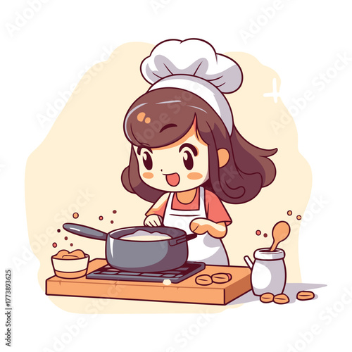 Happy cute girl chef baking Egg Cake cartoon art illustration.