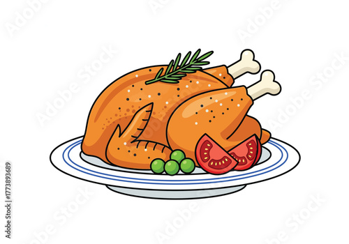 Delicious roasted whole chicken with garnish on a platter