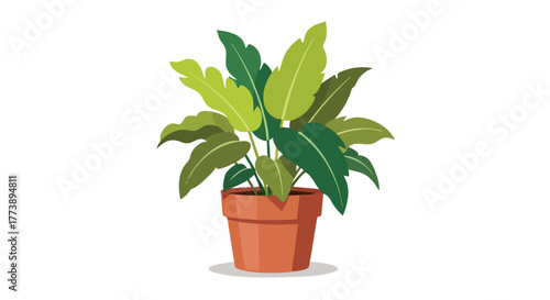 A vibrant illustration showcases a potted houseplant with lush green and yellow leaves, set against a clean white background, perfect for design and decor projects.