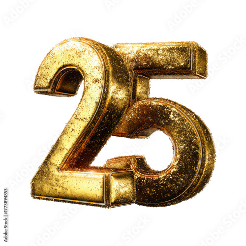 Golden number 25 with textured surface isolated on transparent background