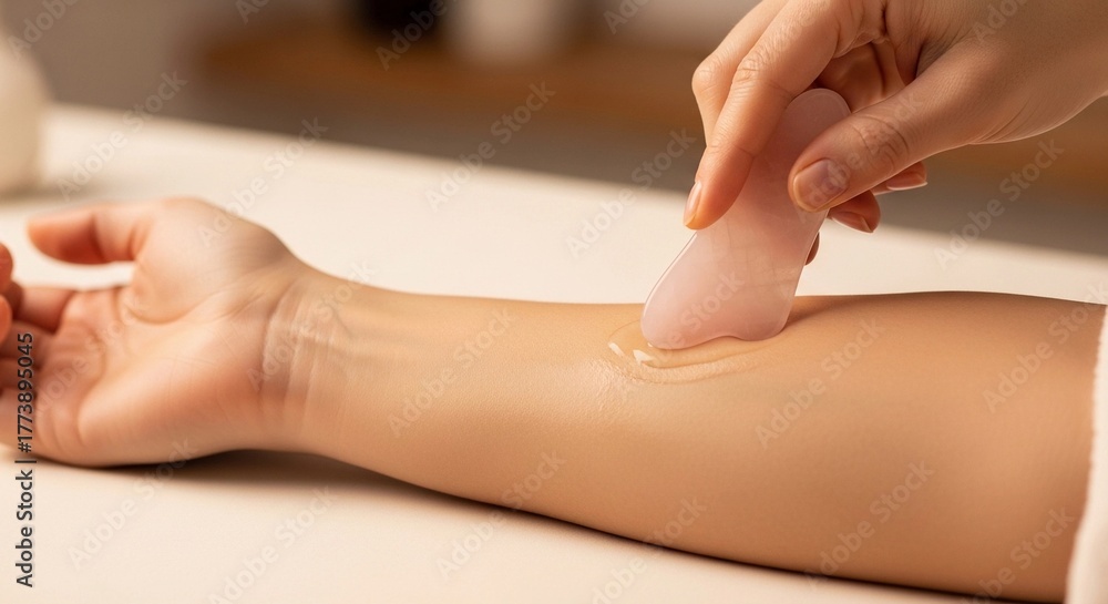Fototapeta premium A hand using a pink gua sha tool on a forearm. The skin is glistening with oil, indicating a self-care routine. The background is softly blurred, suggesting a spa-like atmosphere.