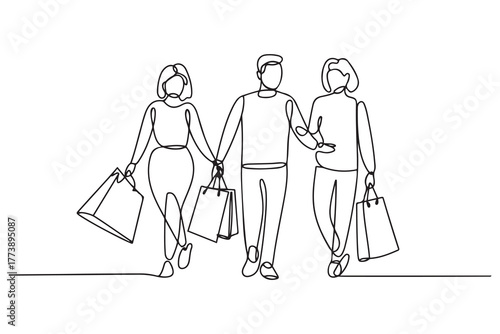 One continuous line drawing of Happy people shopping at mall. Shopping concept. one line Icon drawing with white background