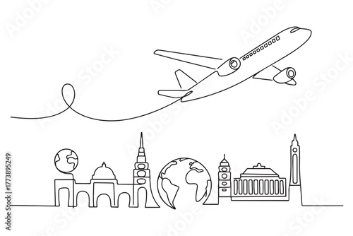 Continuous one line drawing air plane with famous world landmarks. World traveler Concept. one line Icon drawing with white background