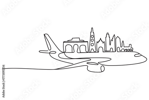 Continuous one line drawing air plane with famous world landmarks. World traveler Concept. one line Icon drawing with white background