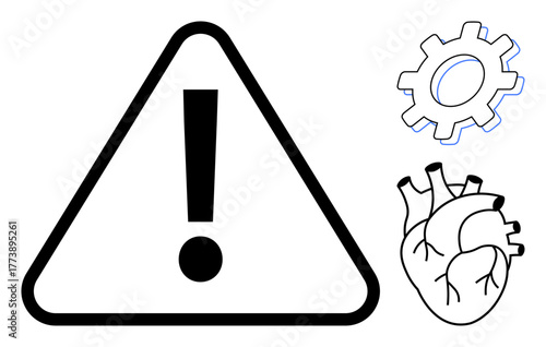 Bold exclamation mark in triangle conveys alert. Mechanical gear and human heart suggest health, mechanics, caution. Ideal for healthcare, engineering, problem-solving, risk, medical warning or