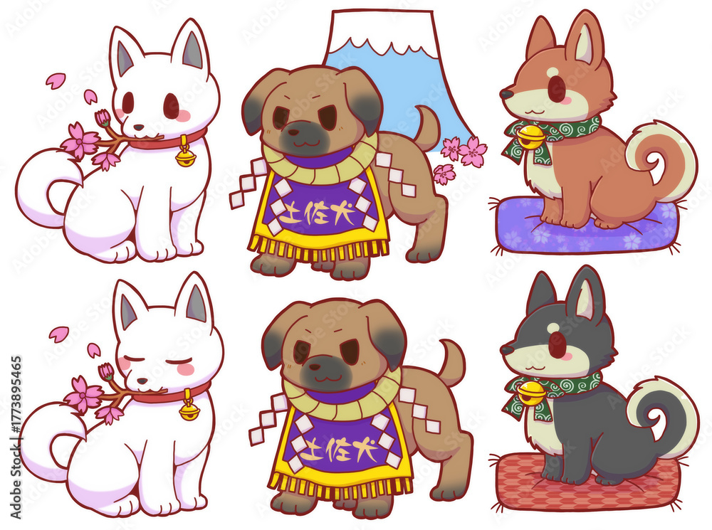 Obraz premium Hand-drawn Traditional Japanese Dog Collection – Adorable Shiba, Kishu, and Tosa