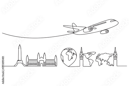 Continuous one line drawing air plane with famous world landmarks. World traveler Concept. one line Icon drawing with white background