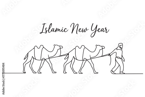 Single one-line drawing people pulling camels in the desert. Islamic new year concept. one line Icon drawing with white background