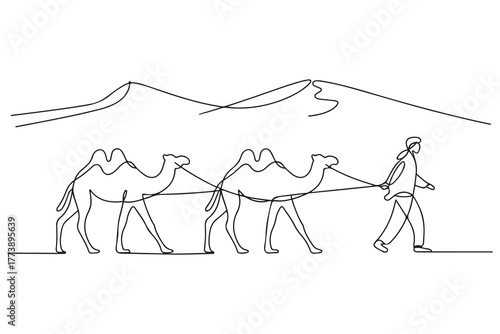 Single one-line drawing people pulling camels in the desert. Islamic new year concept. one line Icon drawing with white background