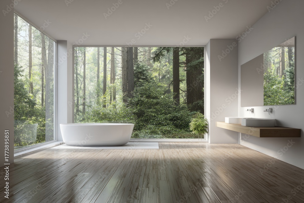 Fototapeta premium Modern bathroom with soaking tub and forest view.