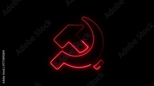 Red neon hammer and sickle symbol glowing on black background abstract communism ideology concept historical
