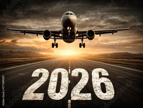 Front view of an airplane taking off on the runway with 2026