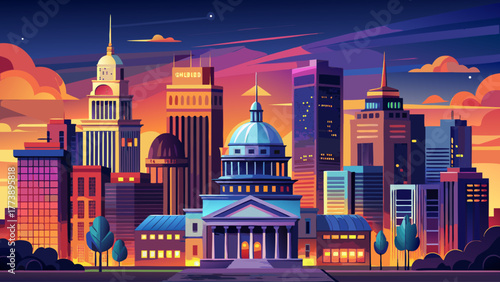 Very beautiful Springfield, Illinois, USA downtown city skyline at sunset, featuring modern and historic buildings, glowing lights, and a peaceful urban landscape under a colorful evening sky.