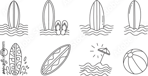 Surfboards on Beach Outline Icon Set | Minimalist Black and White Line Art Illustrations for Summer Vacation, Surfing Lessons, Beachwear Design, and Coloring Books